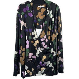 Chicos Women's Top Faux Wrap Size XL Colorful Stretch Long Sleeve‎ Ruched V Neck